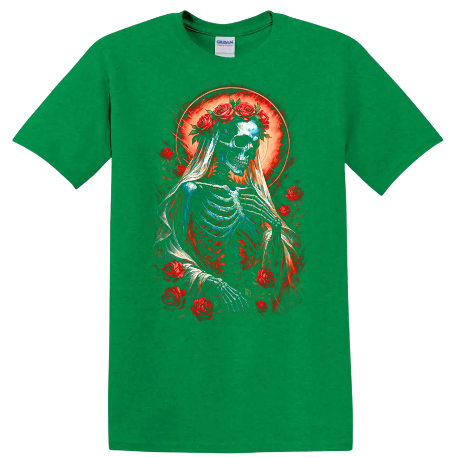 Vintage gothic skeleton bride in a veil with red roses and glowing red halo on a Antic Irish Green T Shirt