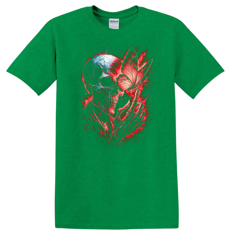 Gothic skull with skeletal hands holding a butterfly in red and blue dark art on a Antic Irish Green T Shirt