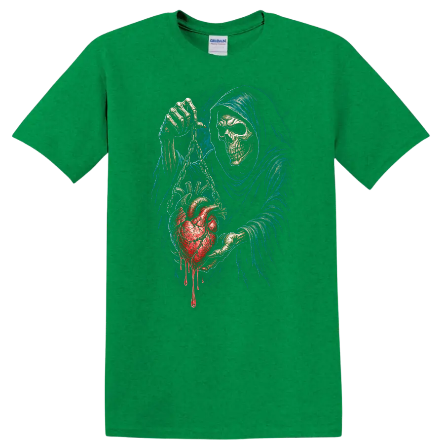Grim Reaper skull holding a chained bleeding heart in detailed gothic horror art on a Antic Irish Green T Shirt