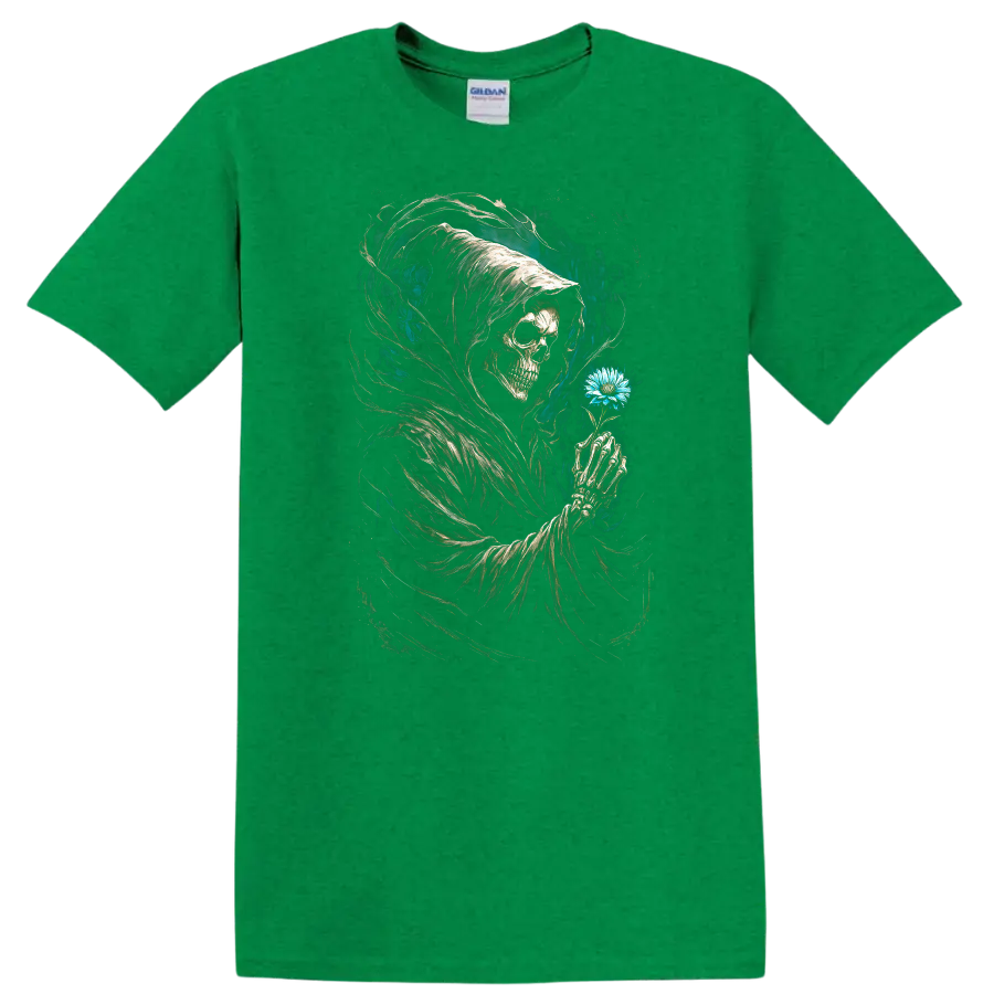 Hooded Grim Reaper skull holding blue flower in vintage gothic dark art on a Antic Irish Green T Shirt