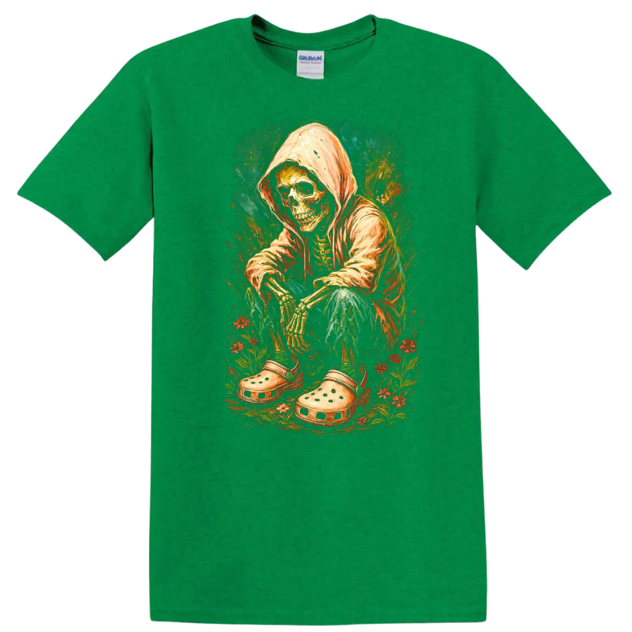 Vintage hooded skeleton in oversized clogs surrounded by colorful flowers on a Antic Irish Green T Shirt