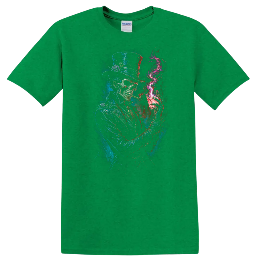 Gothic top-hat skeleton with cocktail glass, magenta smoke, and distressed skull art on a Antic Irish Green T Shirt