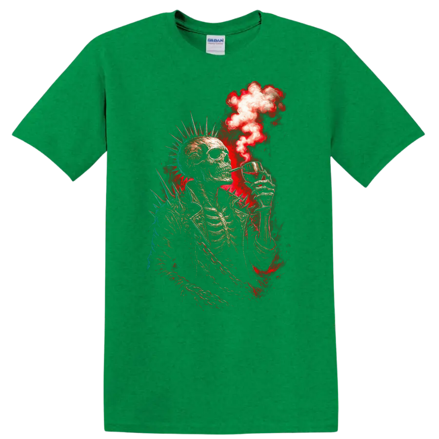 Spiked punk skeleton raising a cocktail amid red smoke in distressed gothic art on a Antic Irish Green T Shirt