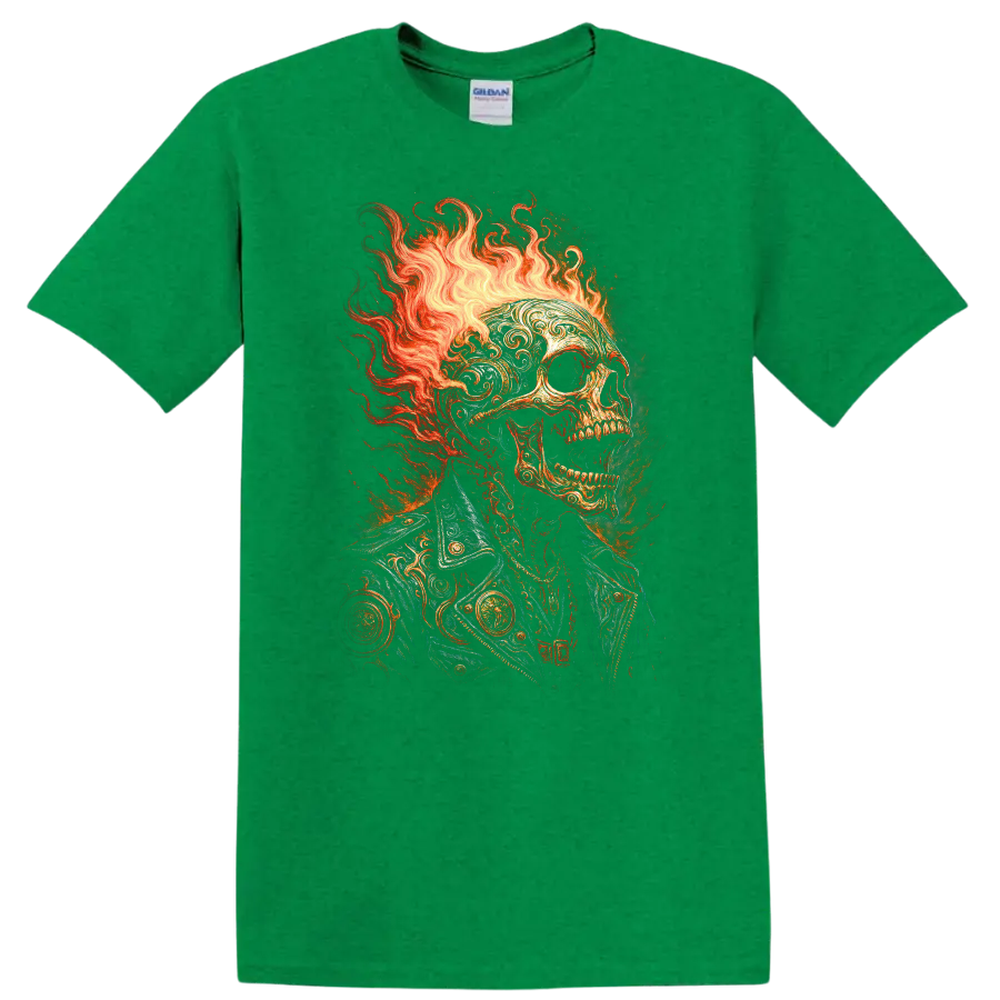 Flaming skull in ornate vintage jacket with gothic fire illustration on a Antic Irish Green T Shirt