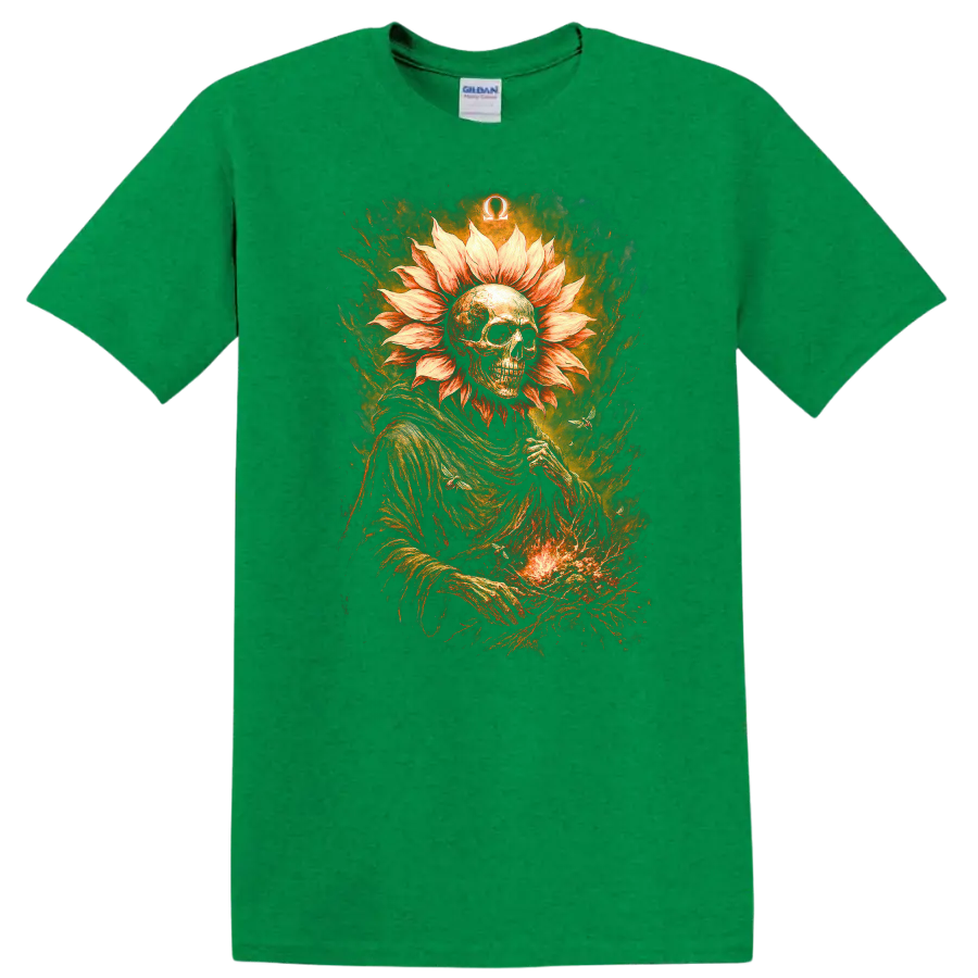 Gothic skeleton with flower-petal halo, fiery textures, and Omega symbol on a Antic Irish Green T Shirt