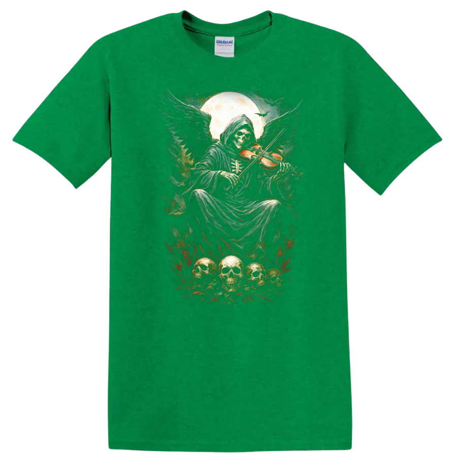 Vintage gothic Grim Reaper playing violin beneath moon with skulls and fiery accents on a Antic Irish Green T Shirt