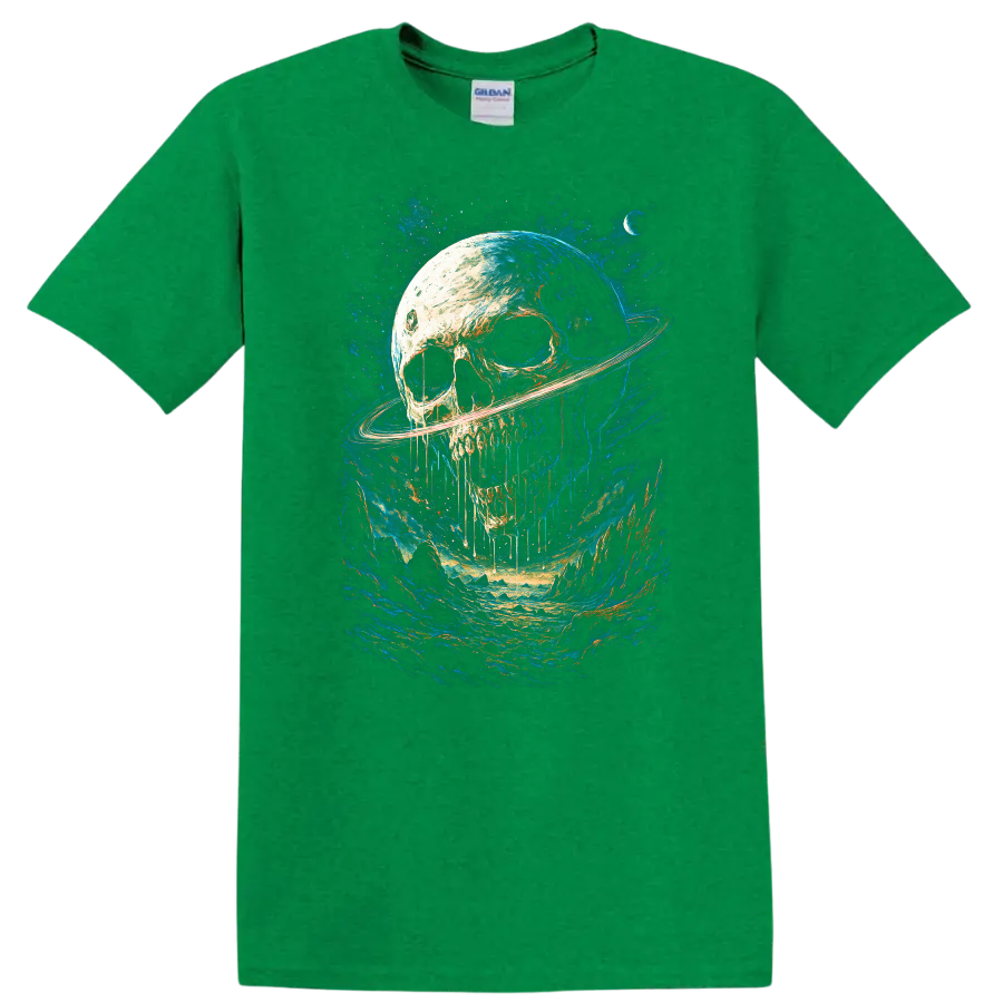 Gothic skull with Saturn-like ring in a vivid blue cosmic landscape on a Antic Irish Green T Shirt