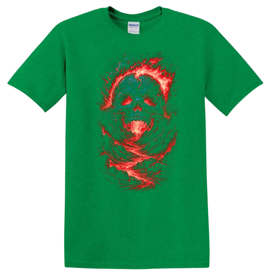 Distressed blue skull surrounded by swirling red flames in gothic horror art on a Antic Irish Green T Shirt