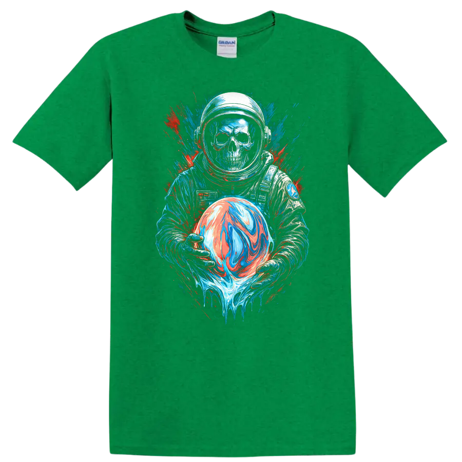 Gothic skull astronaut holding a swirling orb in neon space splatter art on a Antic Irish Green T Shirt
