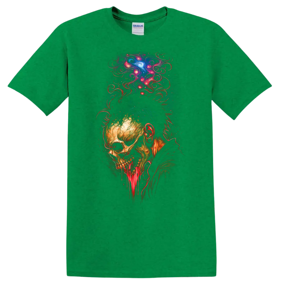 Decaying skull with dripping jaw and psychedelic cosmic smoke in gothic horror art on a Antic Irish Green T Shirt