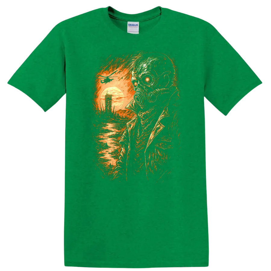 Distressed gothic gas mask skull survivor with fiery sunset and ruined landscape on a Antic Irish Green T Shirt