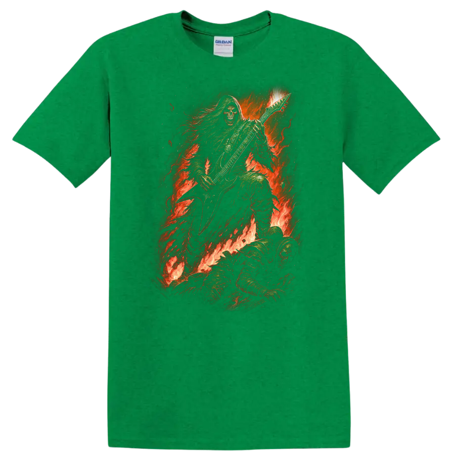 Hooded skeleton guitarist in flames, distressed vintage gothic rock artwork on a Antic Irish Green T Shirt