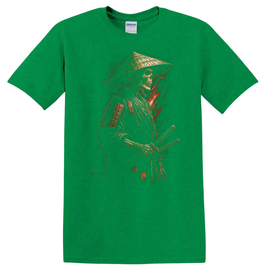 Vintage gothic samurai skeleton warrior in armor with conical hat and swords on a Antic Irish Green T Shirt