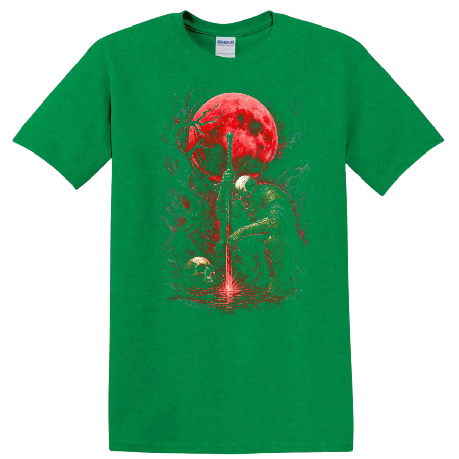 Armored skeletal knight with sword, skulls, and crimson moon in gothic fantasy art on a Antic Irish Green T Shirt