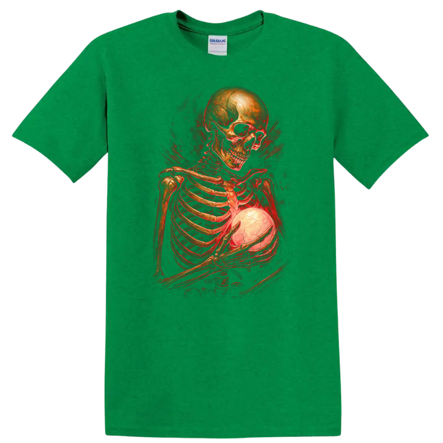 Gothic skeleton holding a glowing cracked orb in red vintage horror art on a Antic Irish Green T Shirt