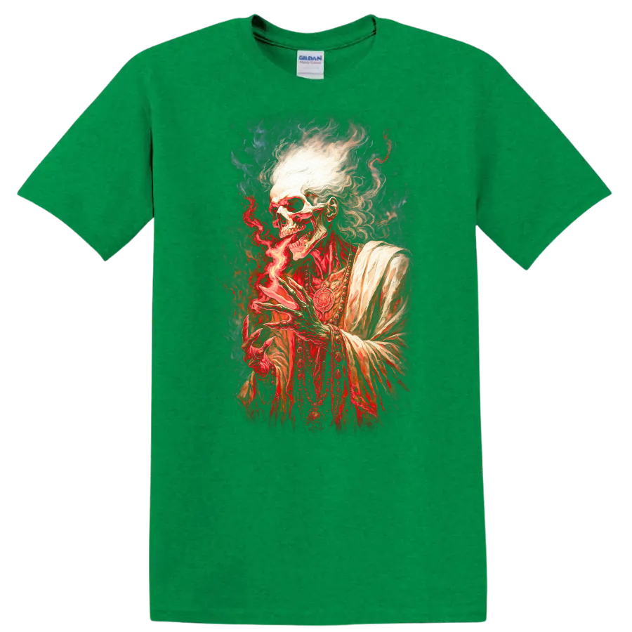 Gothic robed skeleton conjuring red flame in a detailed dark fantasy illustration on a Antic Irish Green T Shirt