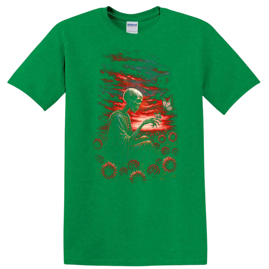Vintage-style skeleton with red roses, flowers, butterflies, and a dramatic sky on a Antic Irish Green T Shirt