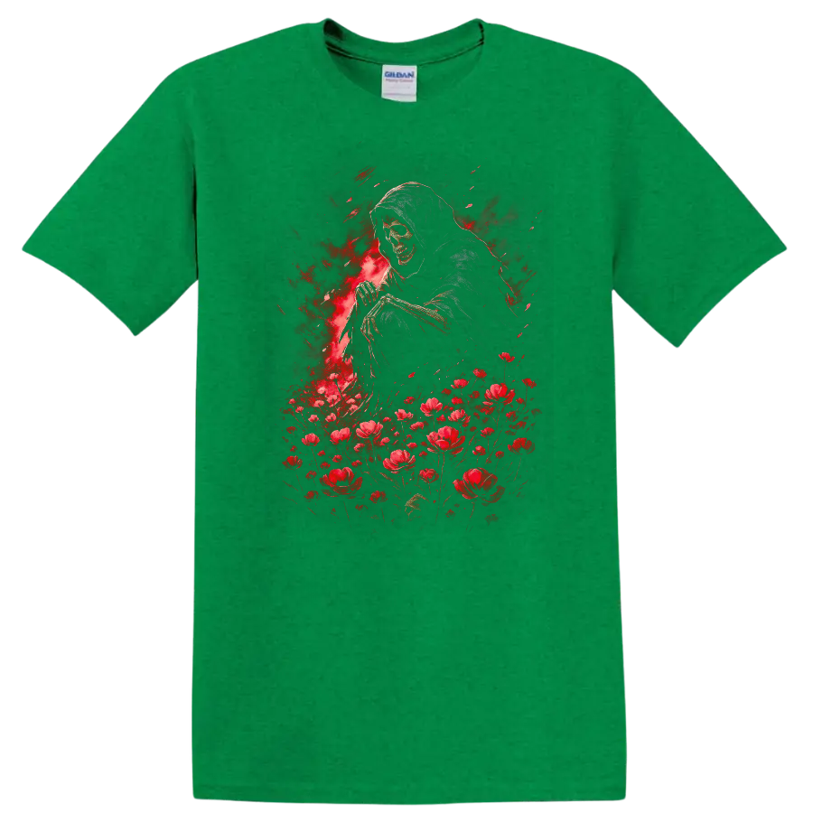 Hooded grim reaper skull with red flowers in distressed gothic illustration on a Antic Irish Green T Shirt