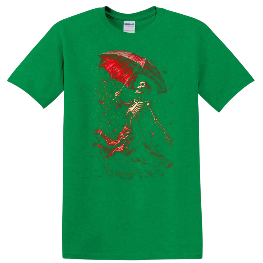 Vintage Gothic skeleton walking in rain beneath a red umbrella on a Antic Irish Green T Shirt