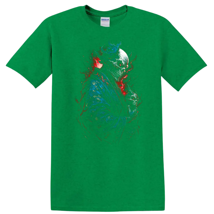 Crowned skeleton in blue robes holding a skull amid red and blue gothic splatter on a Antic Irish Green T Shirt