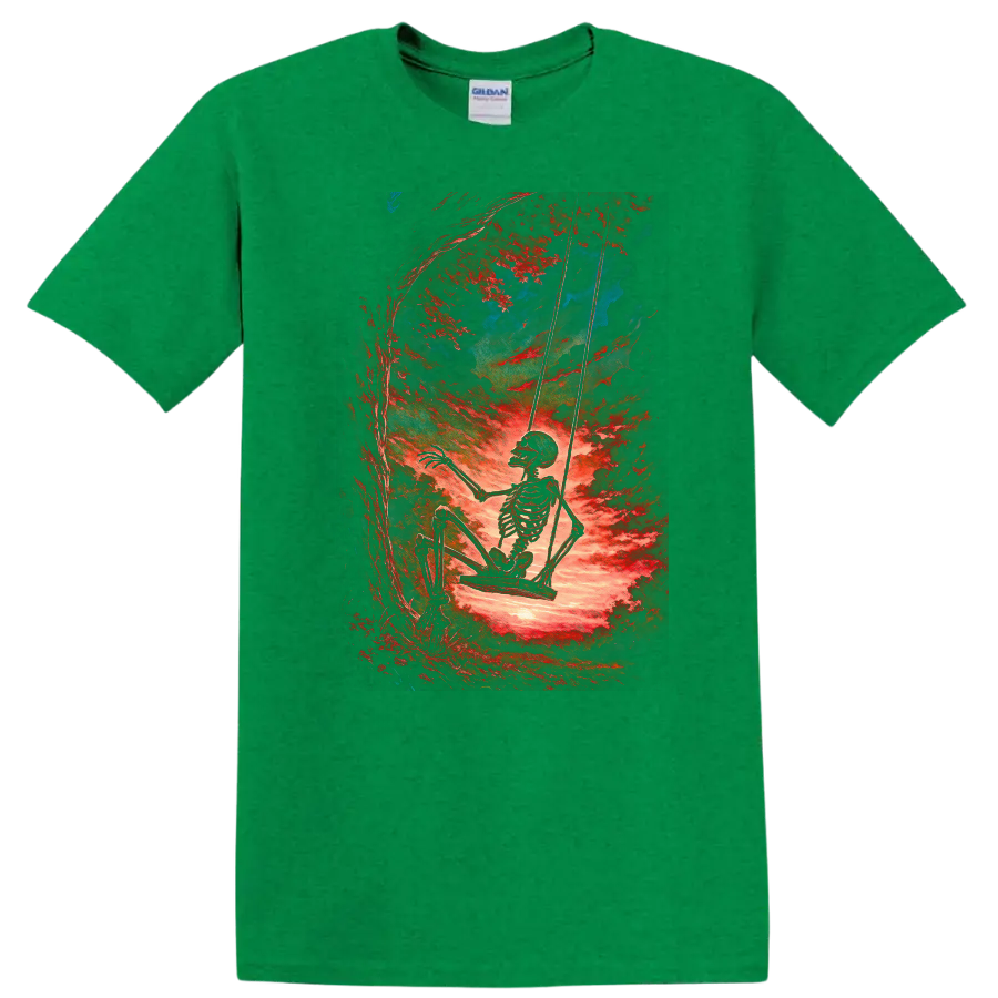 Vintage skeleton swinging beneath red trees in surreal gothic forest art on a Antic Irish Green T Shirt