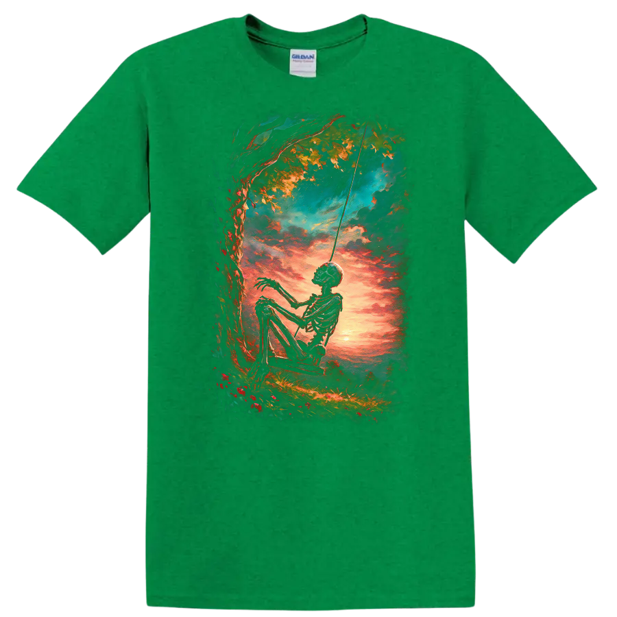 Vintage gothic skeleton on a swing beneath a tree at a vivid sunset on a Antic Irish Green T Shirt