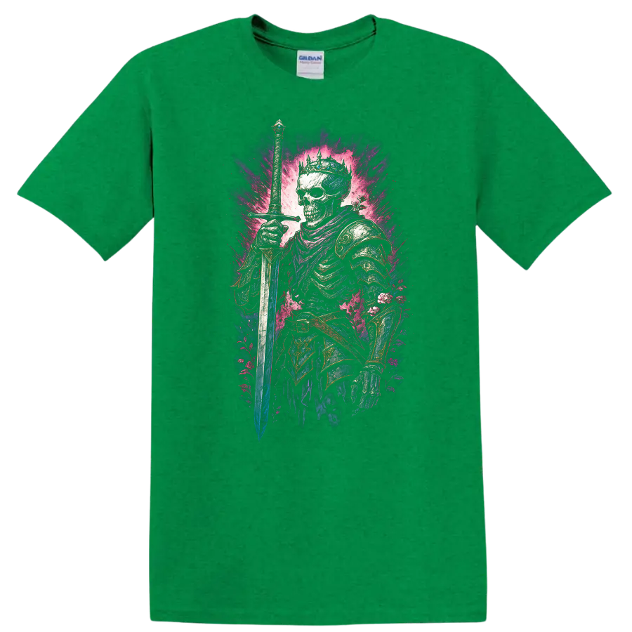 Crowned skeleton warrior with sword, ornate armor, and vivid floral gothic artwork on a Antic Irish Green T Shirt