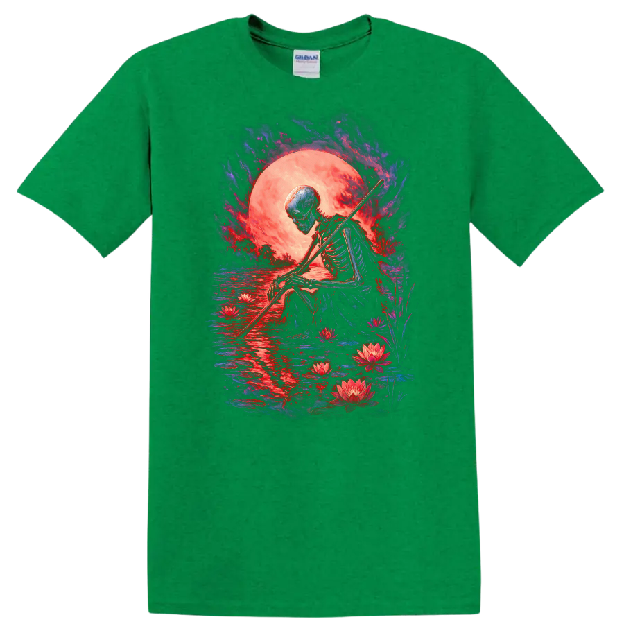 Moonlit skeleton with staff, lotus flowers, reflective water, and gothic full moon art on a Antic Irish Green T Shirt