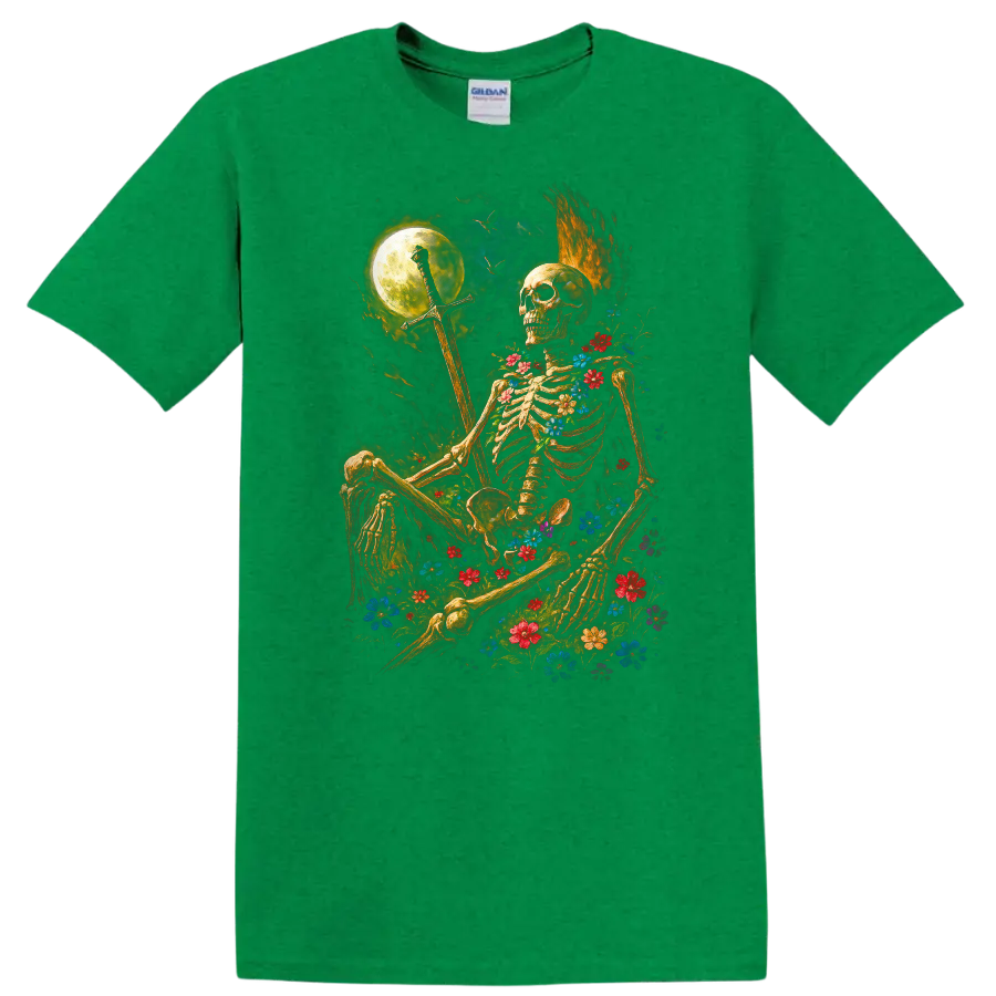 Moonlit floral skeleton holding a sword in a gothic flower-filled night scene on a Antic Irish Green T Shirt