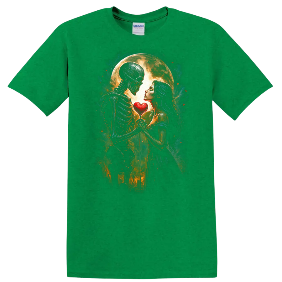 Romantic skeleton and woman holding a heart beneath a full moon in gothic art on a Antic Irish Green T Shirt