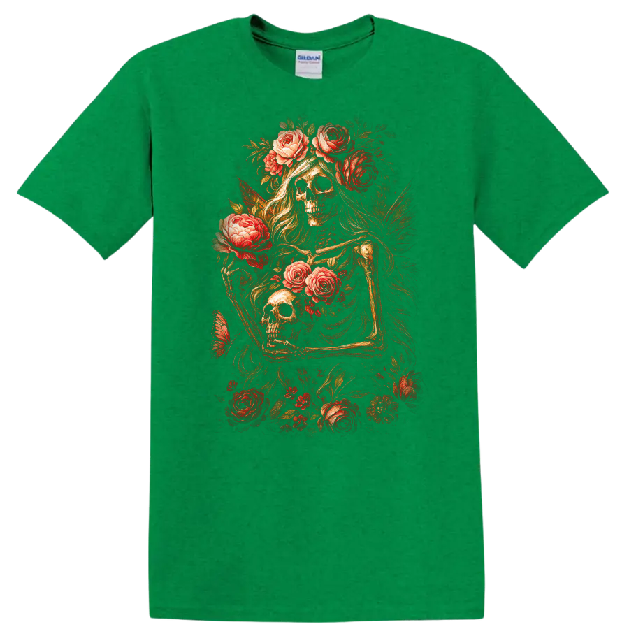 Vintage gothic skeletal figures and skulls surrounded by red roses and foliage on a Antic Irish Green T Shirt