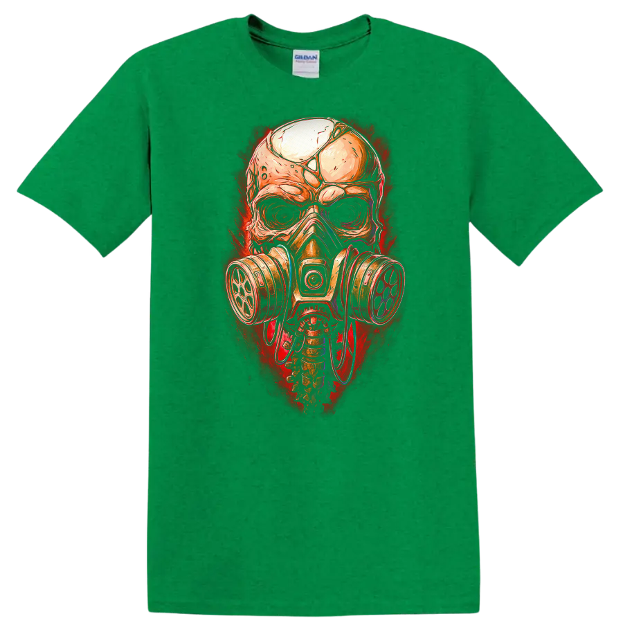 Gothic illustrated skull wearing a gas mask with distressed red horror-art backdrop on a Antic Irish Green T Shirt