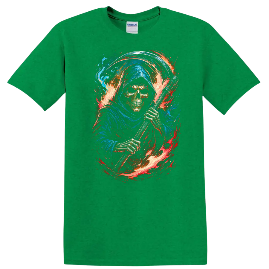 Hooded Grim Reaper skeleton with scythe, swirling flames, and blue gothic artwork on a Antic Irish Green T Shirt