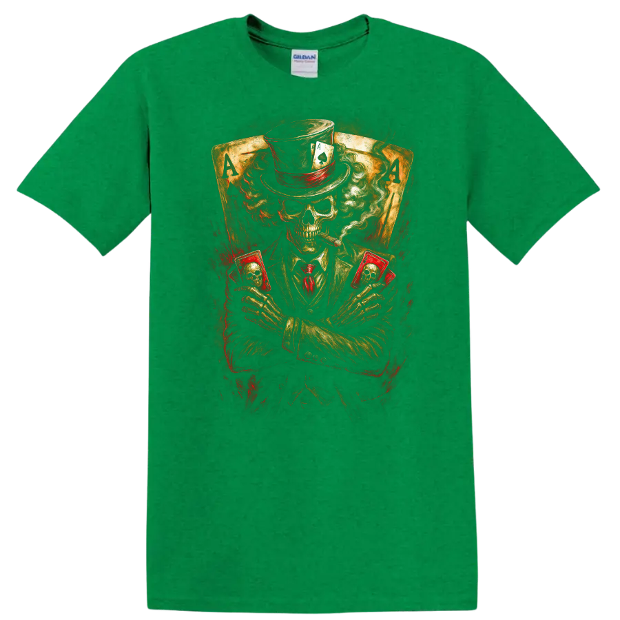 Vintage gothic skeleton poker player in top hat holding skull cards before ace cards on a Antic Irish Green T Shirt