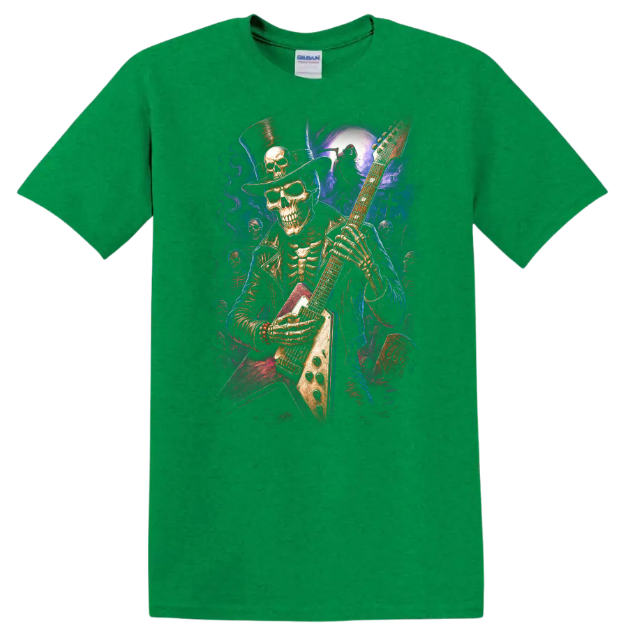 Top-hatted skeleton guitarist in vivid gothic moonlit graveyard art on a Antic Irish Green T Shirt