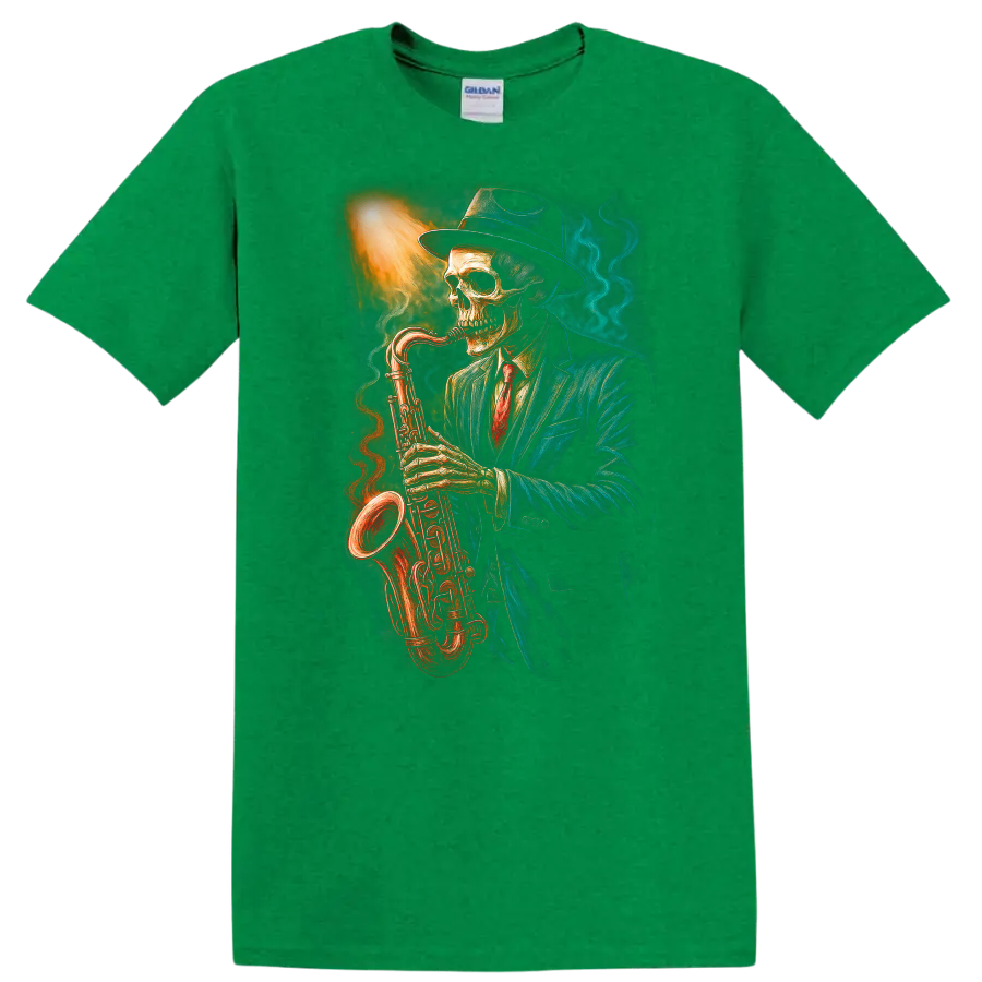 Vintage gothic skeleton in a suit and hat playing a glowing saxophone on a Antic Irish Green T Shirt