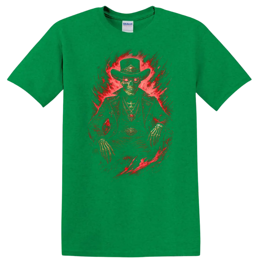Skeleton cowboy in a wide-brim hat with fiery red gothic horror artwork on a Antic Irish Green T Shirt