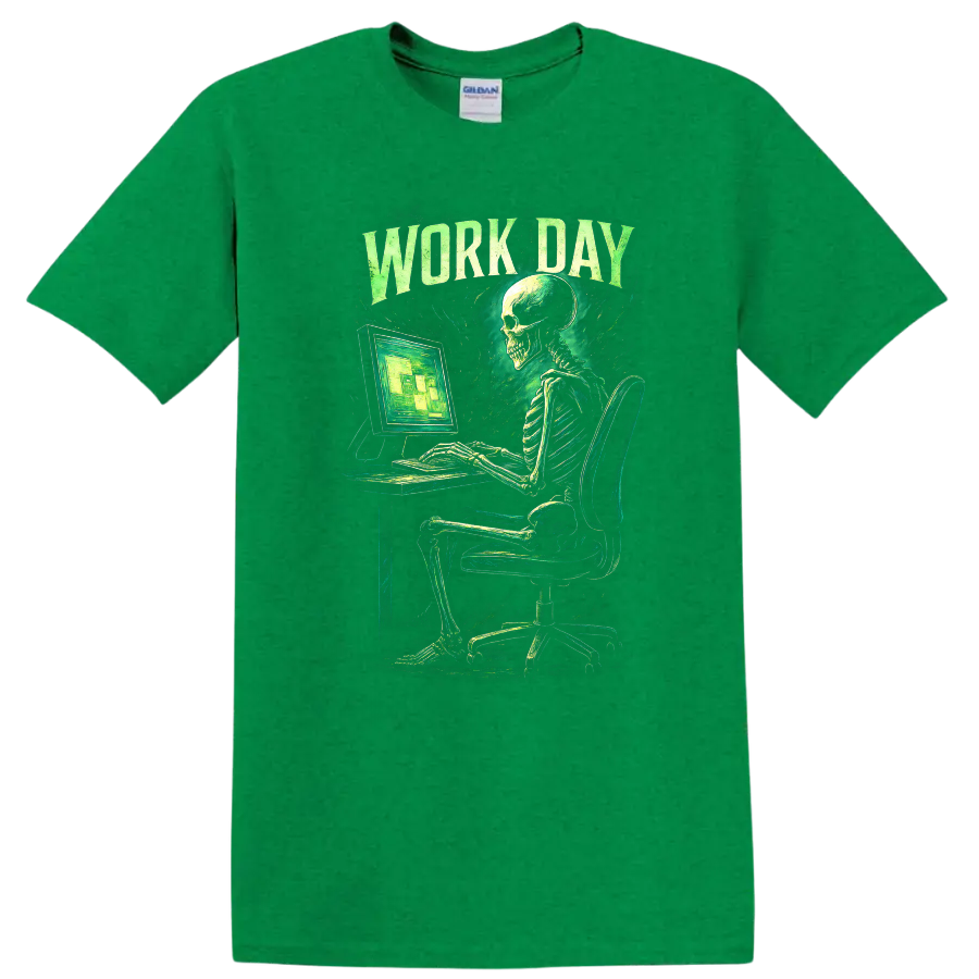 Work Day skeleton at computer in distressed vintage gothic green graphic on a Antic Irish Green T Shirt