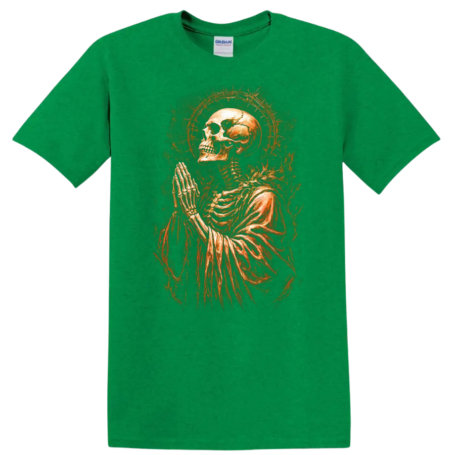 Praying skeleton skull with fiery halo in vintage gothic dark-art style on a Antic Irish Green T Shirt