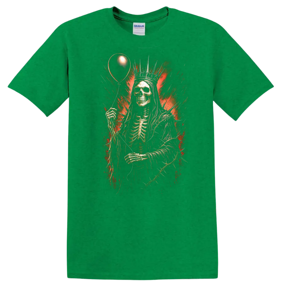 Crowned skeleton holding a balloon in distressed red and black gothic horror art on a Antic Irish Green T Shirt