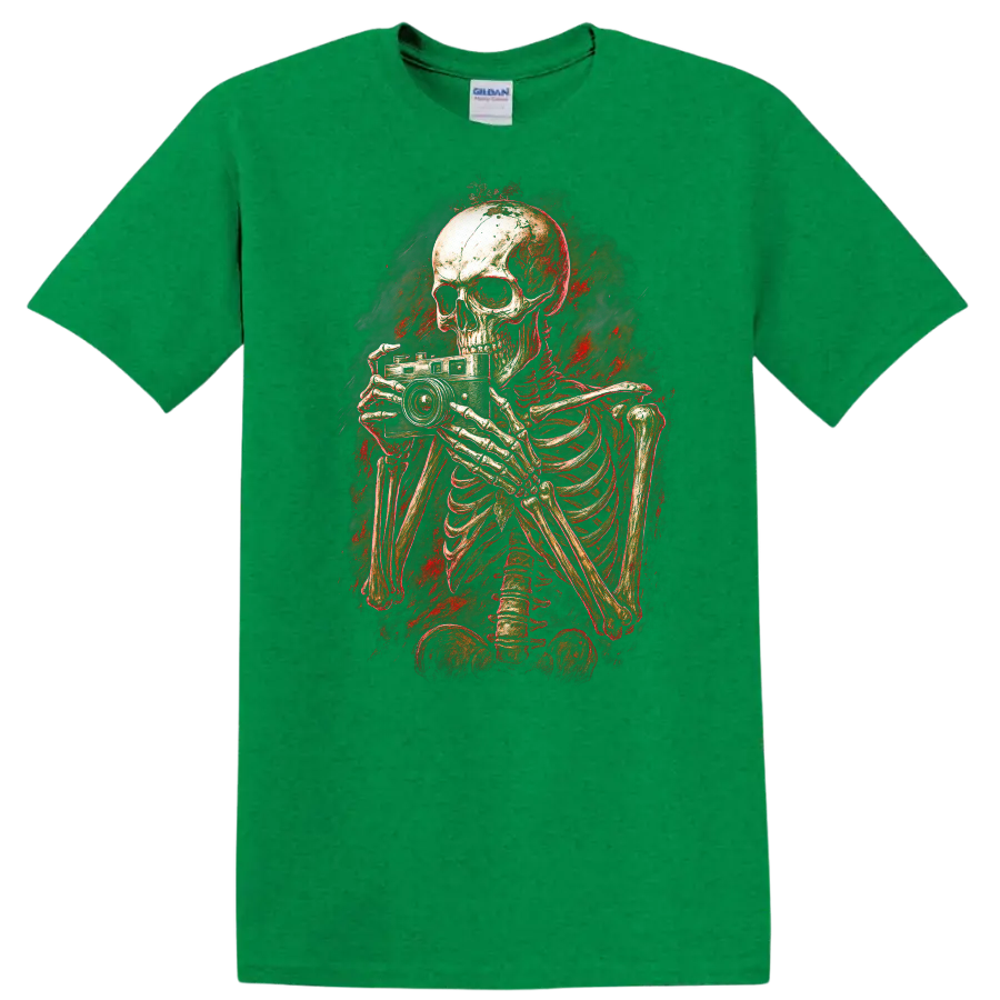 Distressed gothic skeleton photographer holding a vintage camera horror art graphic on a Antic Irish Green T Shirt