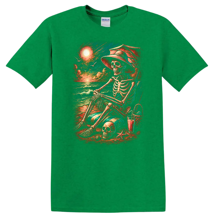 Vintage-style skeleton in beach chair with skull, ocean waves, hat, and sunset on a Antic Irish Green T Shirt