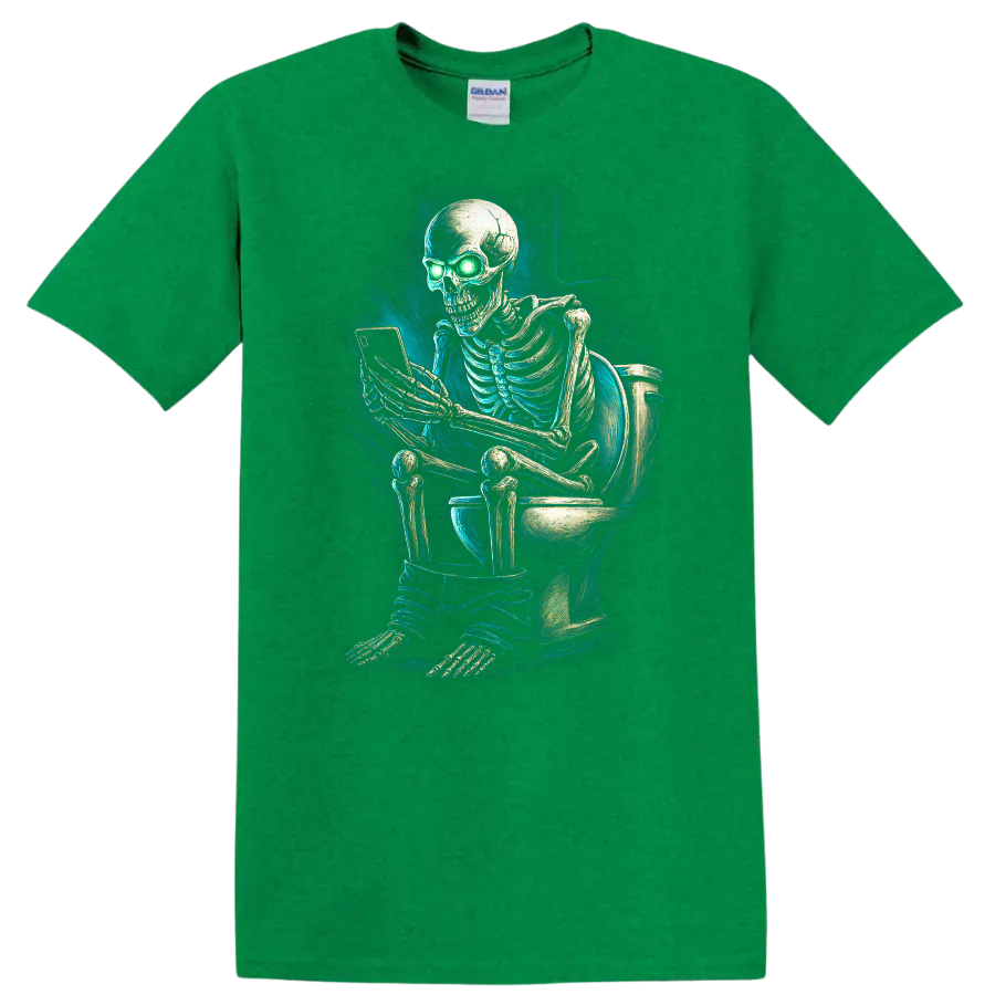 Vintage gothic skeleton on toilet using phone with glowing green eyes on a Antic Irish Green T Shirt