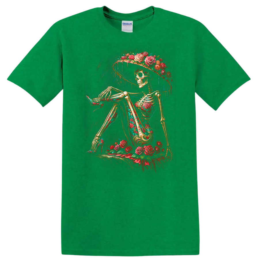Vintage gothic skeleton in a wide-brim hat surrounded by red roses on a Antic Irish Green T Shirt