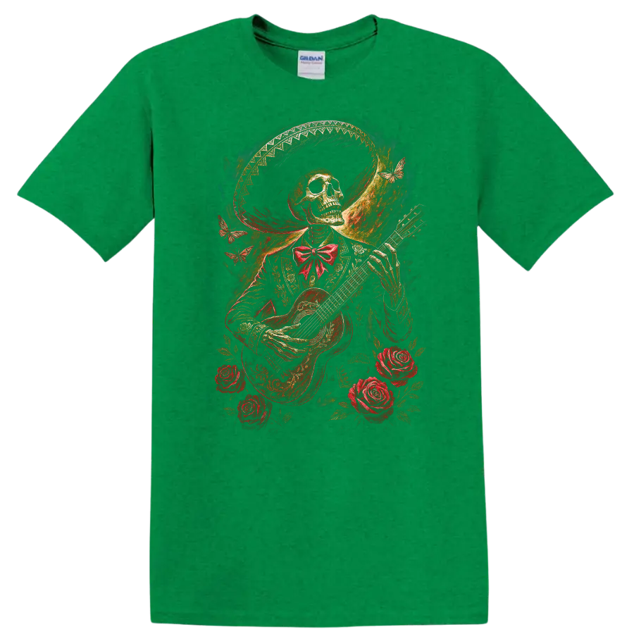 Vintage gothic skeleton guitarist with roses, butterflies, and ornate wide-brimmed hat on a Antic Irish Green T Shirt