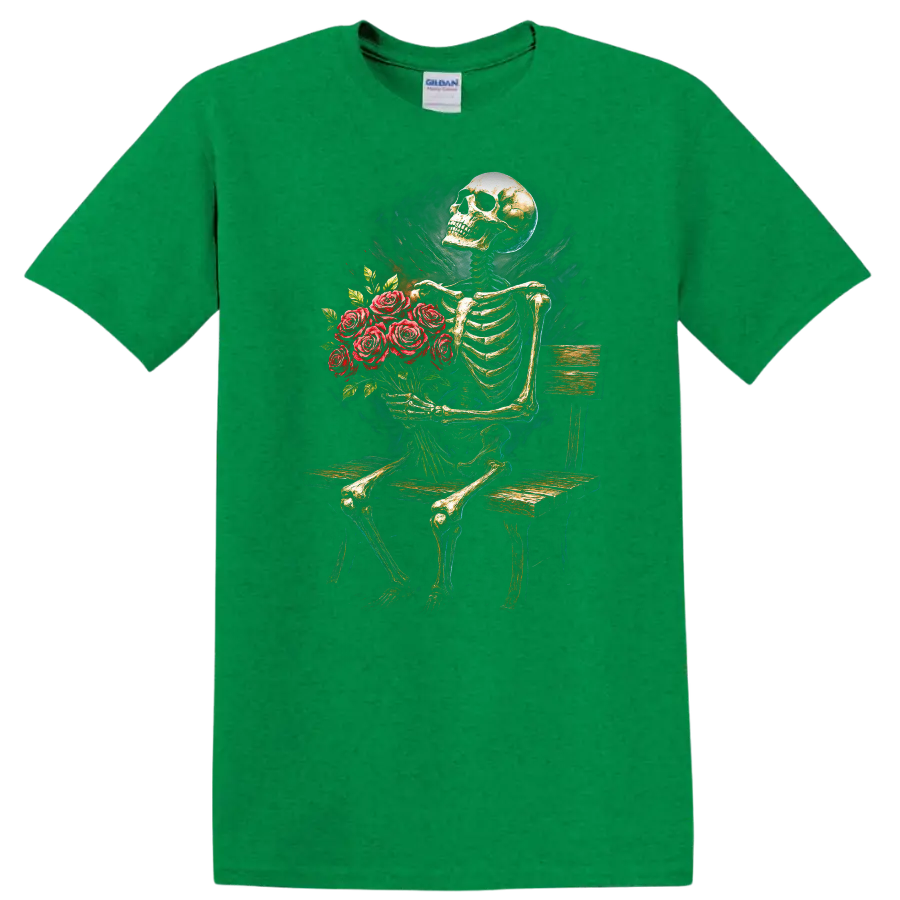 Vintage gothic skeleton holding a bouquet of red roses while seated on a wooden bench on a Antic Irish Green T Shirt