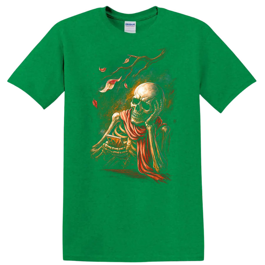 Vintage gothic skeleton skull illustration with flowing red scarf and distressed ribbons on a Antic Irish Green T Shirt