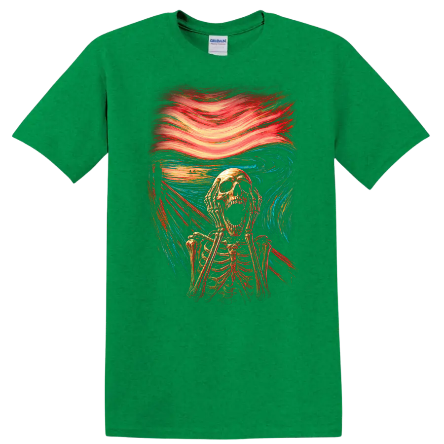 Screaming skeleton in vintage gothic horror art with swirling red and blue brushwork on a Antic Irish Green T Shirt