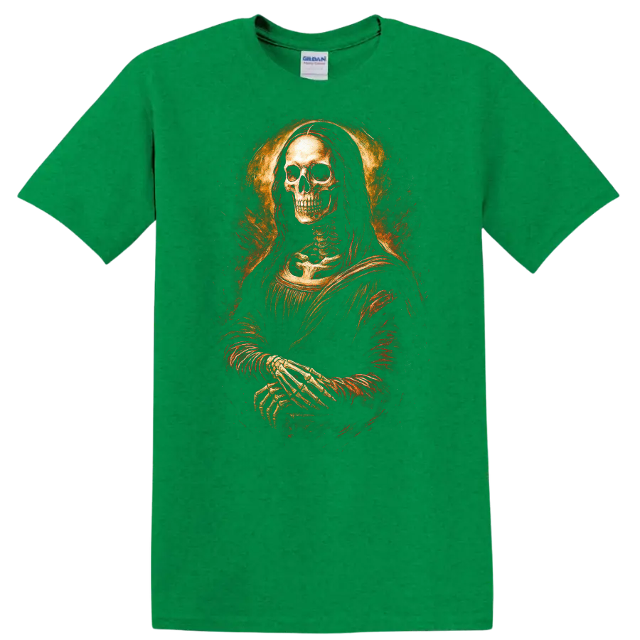 Vintage gothic skeleton portrait with crossed hands and fiery distressed halo on a Antic Irish Green T Shirt