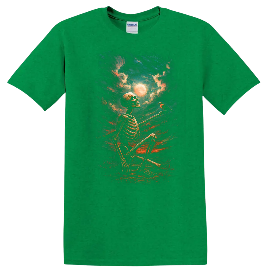 Vintage gothic painting of seated skeleton, bird, full moon, and dramatic night sky on a Antic Irish Green T Shirt